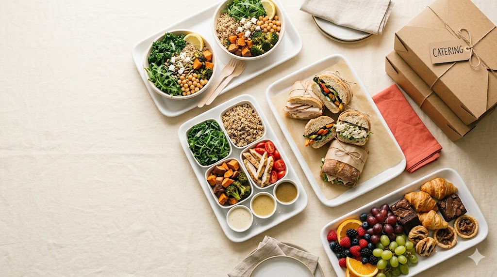 A catering spread on a cream linen table: grain bowls with kale, chickpeas and roasted sweet potato; a snack tray of greens, quinoa, and dressings; a stack of sandwich halves on parchment; and a fruit-and-pastry platter — with a kraft brown CATERING box tied with twine in the corner.